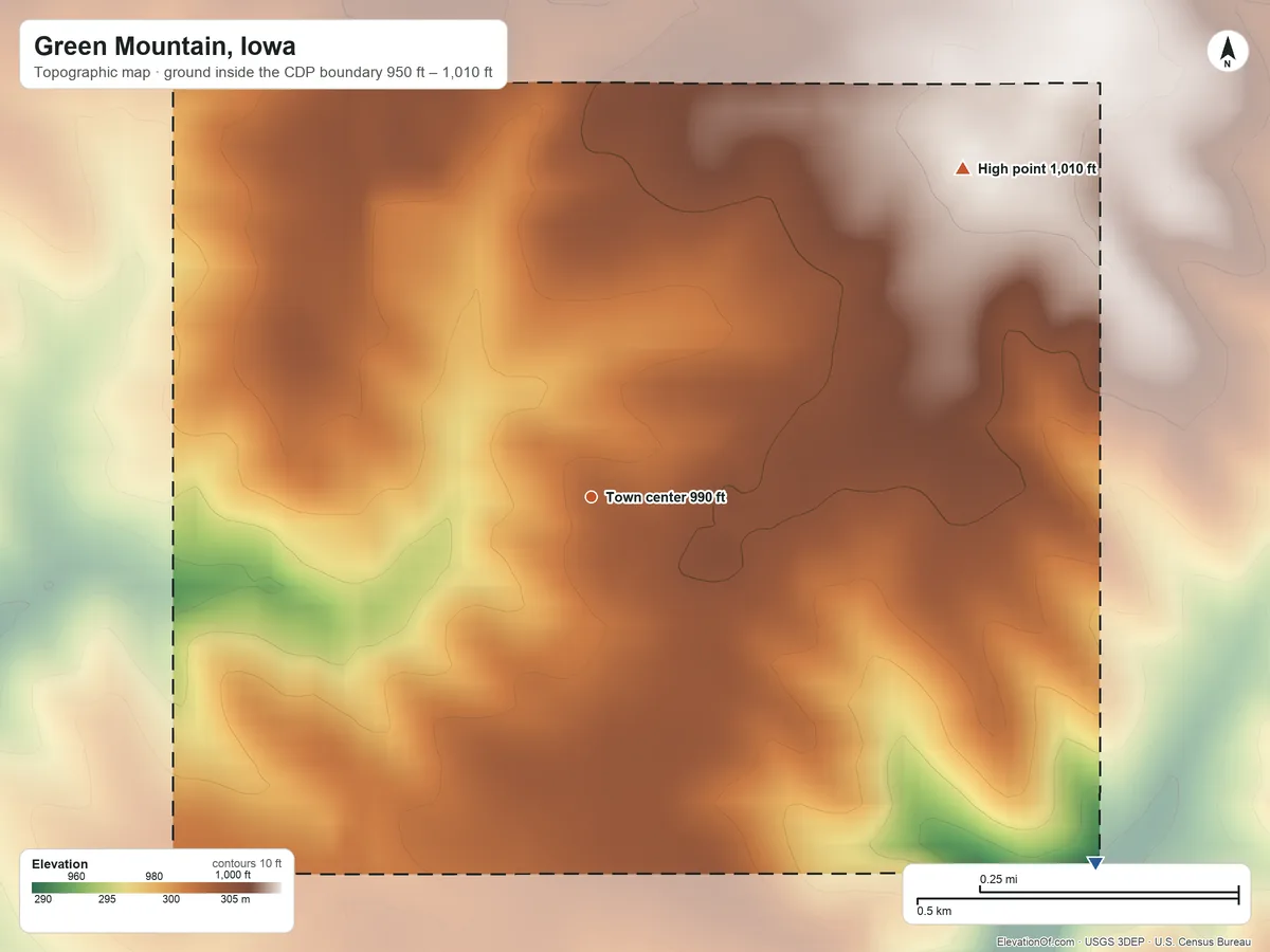 Topographic elevation map of Green Mountain, Iowa, shaded from 950 ft on the southeast side to 1,010 ft on the northeast side
