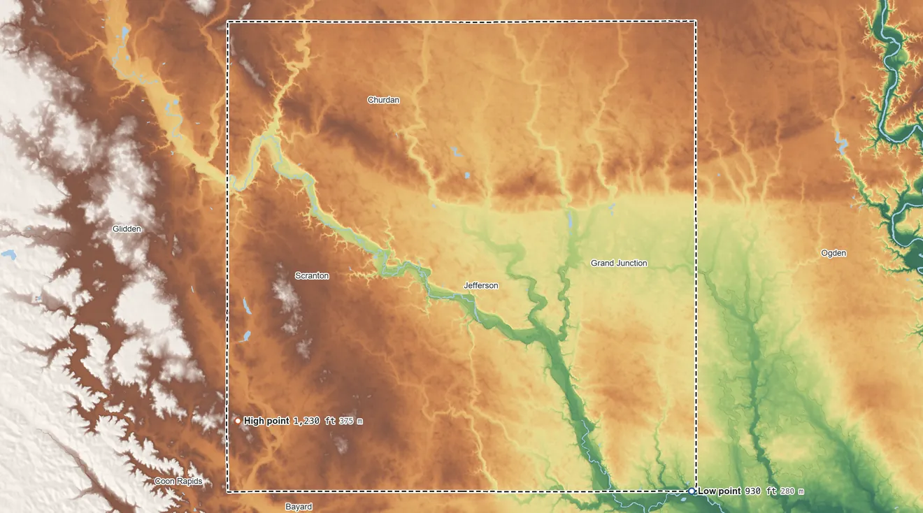 Topographic elevation map of Greene County, Iowa, shaded from 930 ft on the southeast side to 1,230 ft on the southwest side