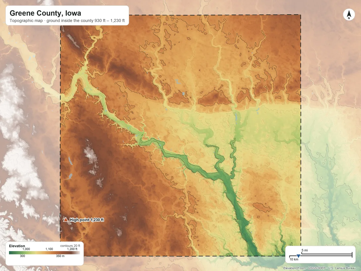Topographic elevation map of Greene County, Iowa, shaded from 930 ft on the southeast side to 1,230 ft on the southwest side