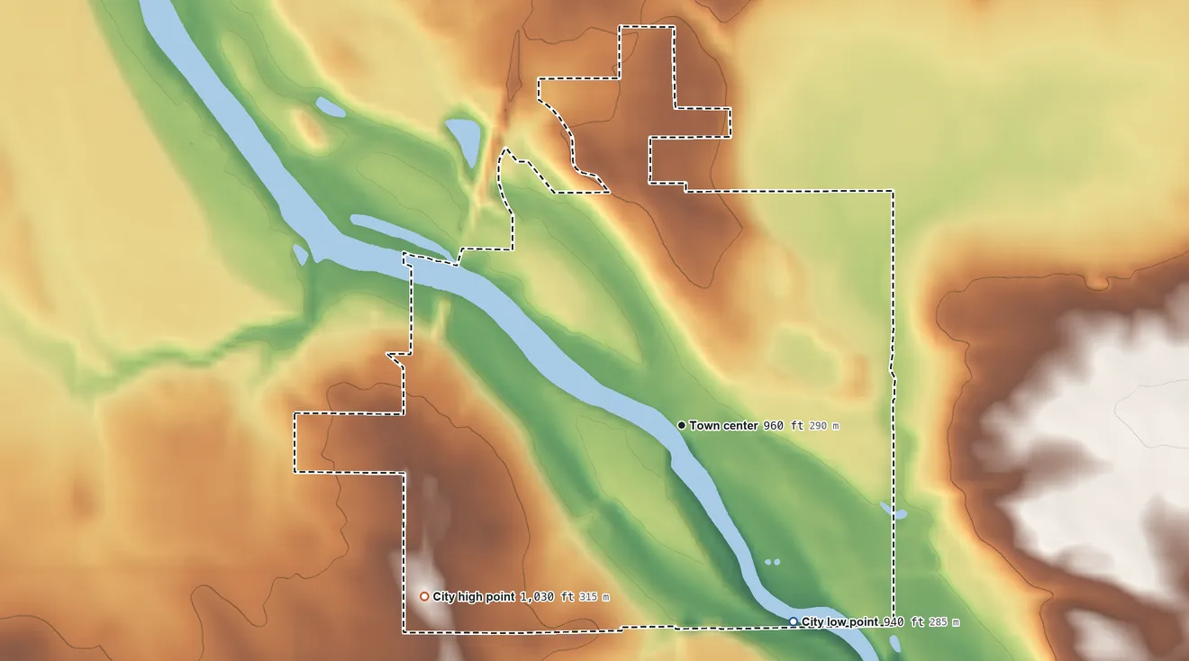 Topographic elevation map of Greene, Iowa, shaded from 940 ft on the southeast side to 1,030 ft on the southwest side