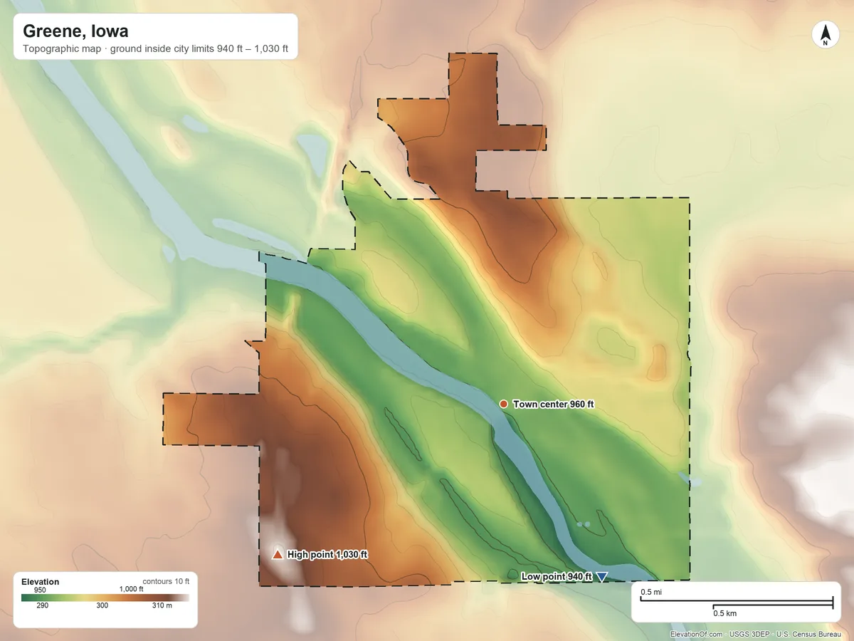 Topographic elevation map of Greene, Iowa, shaded from 940 ft on the southeast side to 1,030 ft on the southwest side