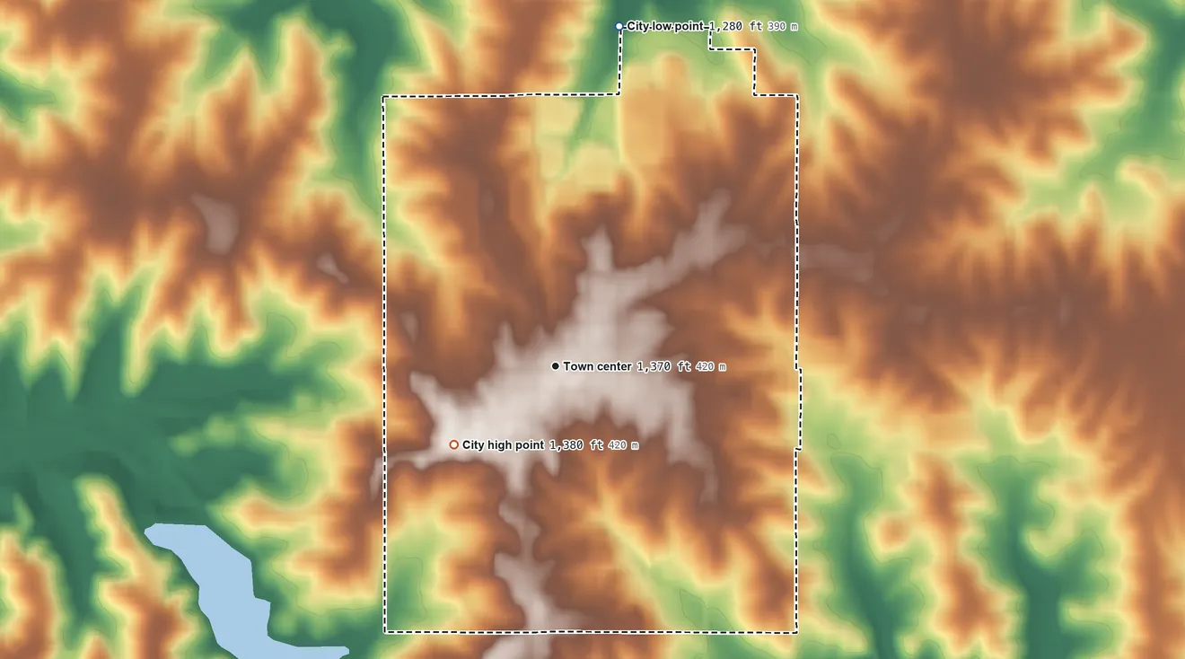 Topographic elevation map of Greenfield, Iowa, shaded from 1,280 ft on the north side to 1,380 ft on the southwest side