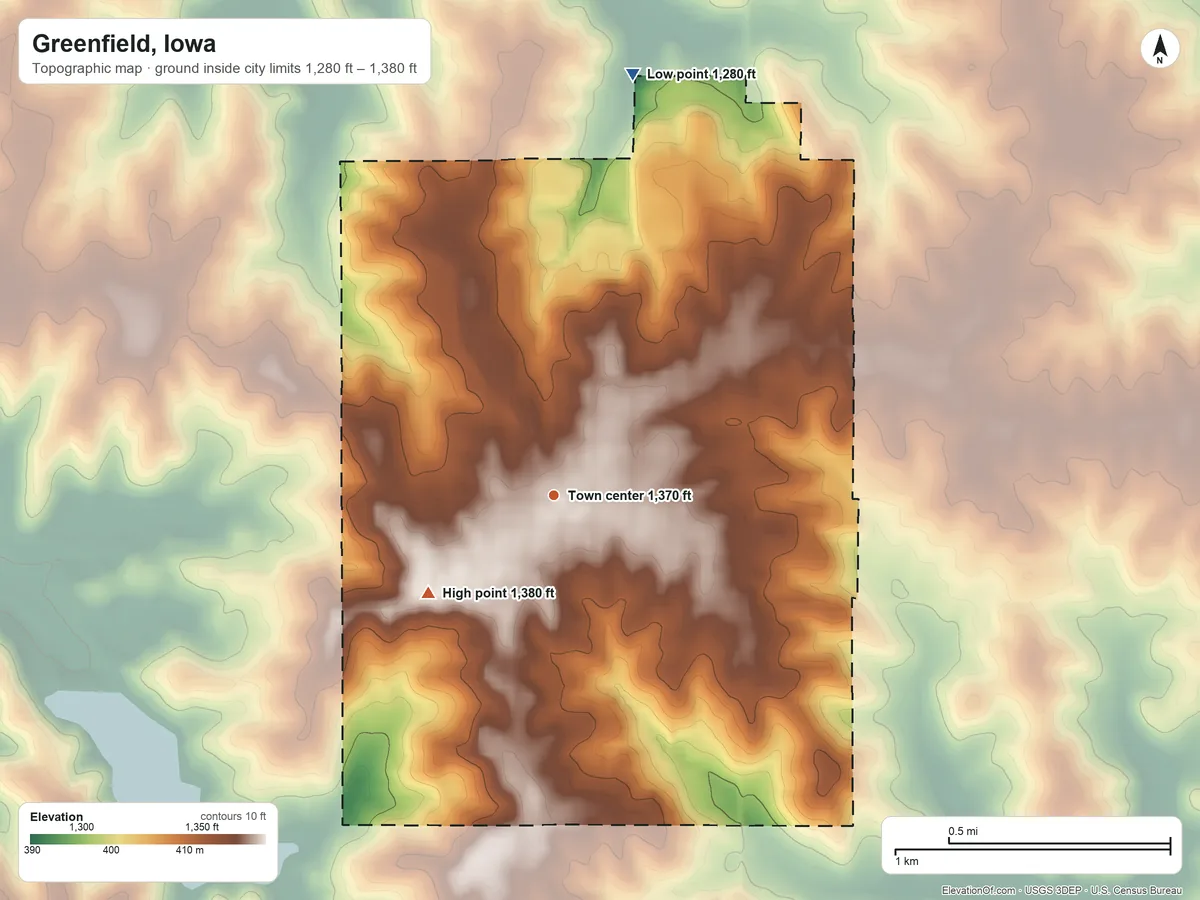 Topographic elevation map of Greenfield, Iowa, shaded from 1,280 ft on the north side to 1,380 ft on the southwest side