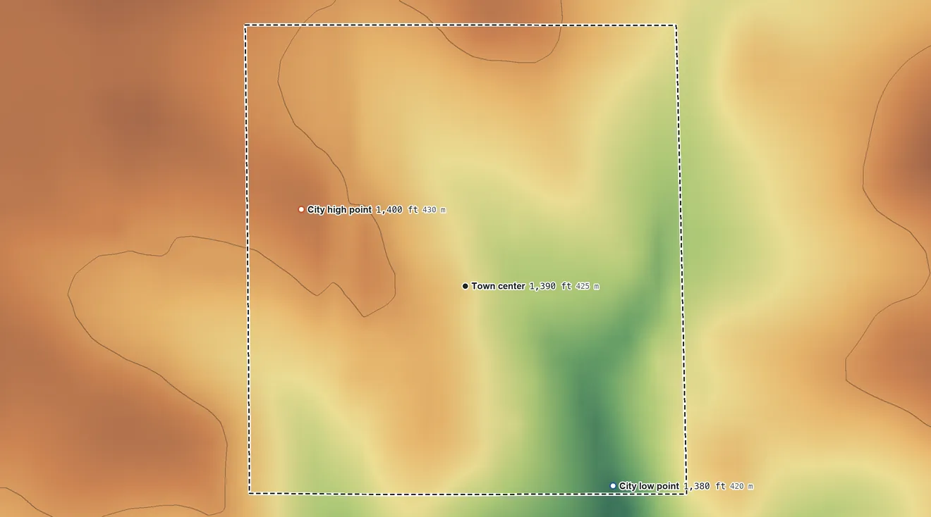 Topographic elevation map of Greenville, Iowa, shaded from 1,380 ft on the southeast side to 1,400 ft on the northwest side