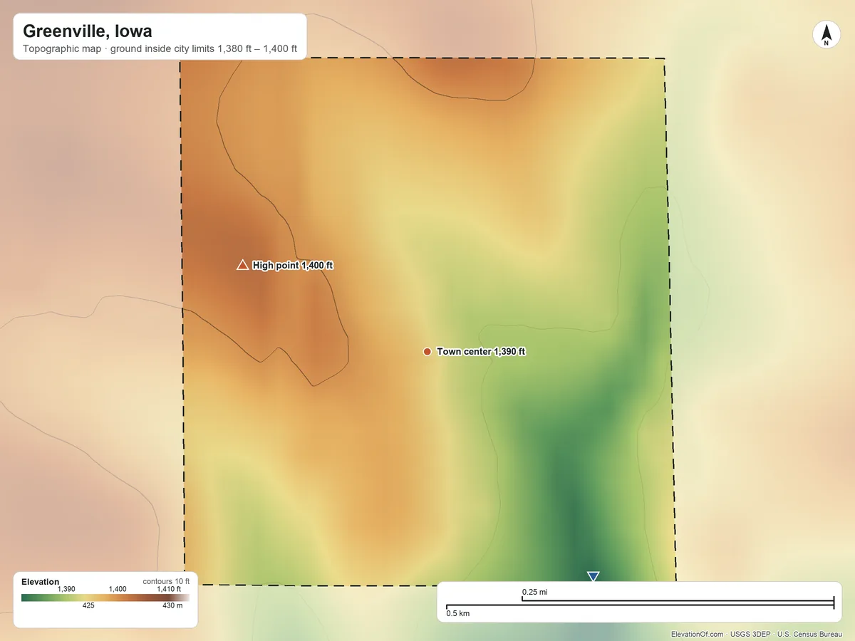 Topographic elevation map of Greenville, Iowa, shaded from 1,380 ft on the southeast side to 1,400 ft on the northwest side