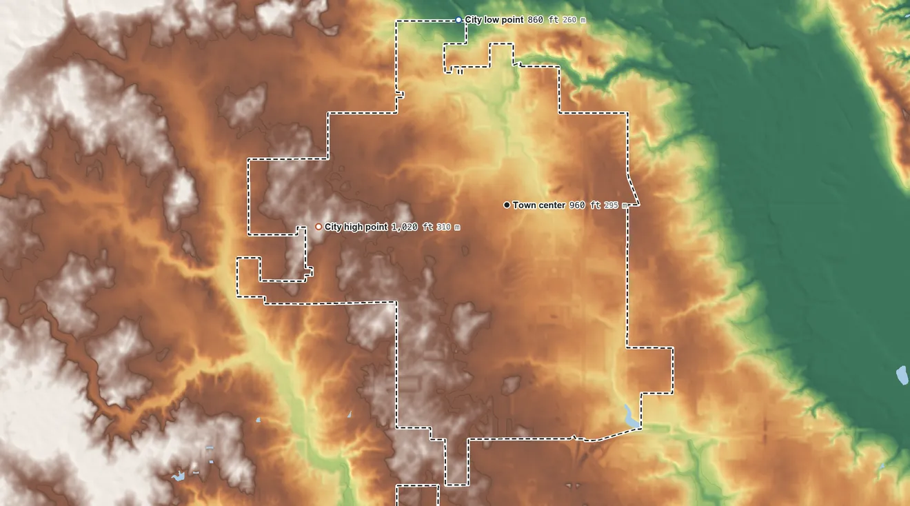 Topographic elevation map of Grimes, Iowa, shaded from 860 ft on the north side to 1,020 ft on the west side