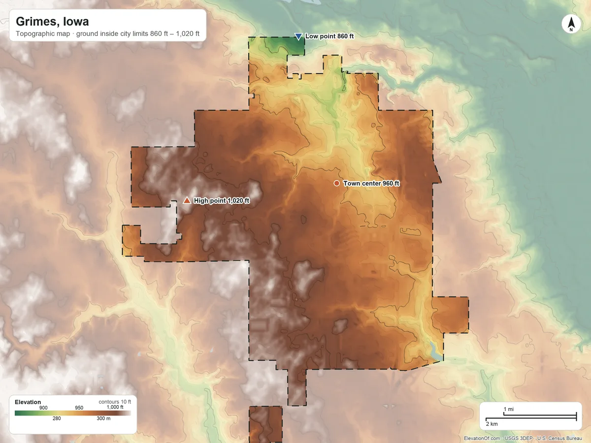 Topographic elevation map of Grimes, Iowa, shaded from 860 ft on the north side to 1,020 ft on the west side
