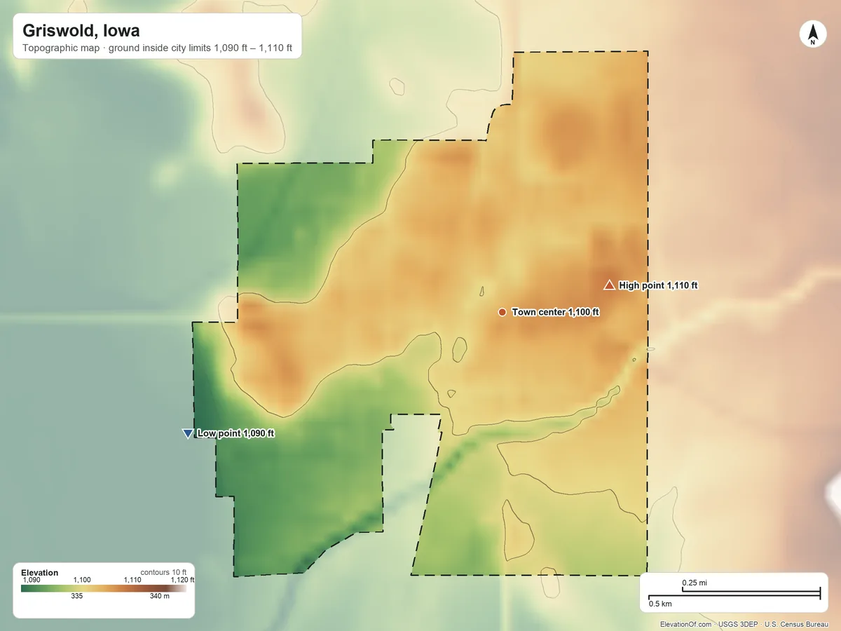 Topographic elevation map of Griswold, Iowa, shaded from 1,090 ft on the west side to 1,110 ft on the east side
