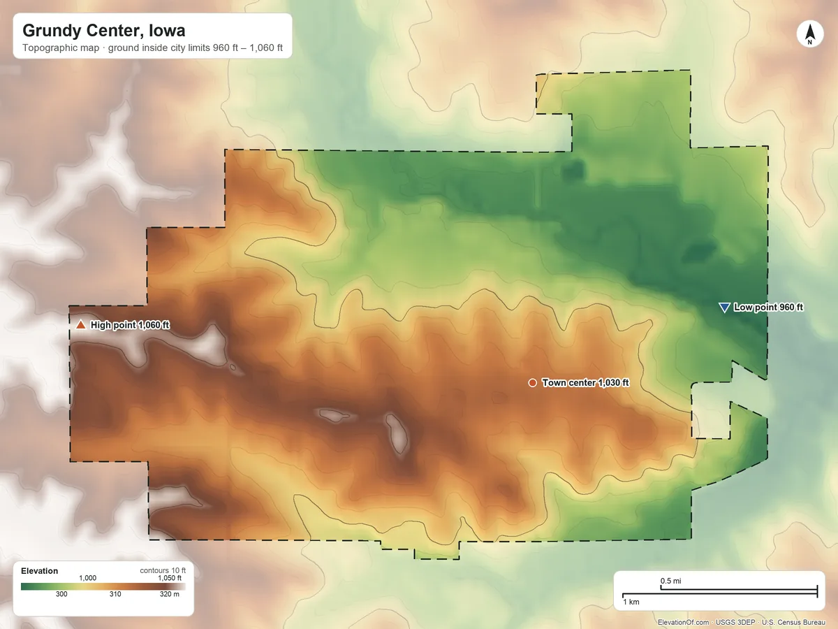 Topographic elevation map of Grundy Center, Iowa, shaded from 960 ft on the east side to 1,060 ft on the west side