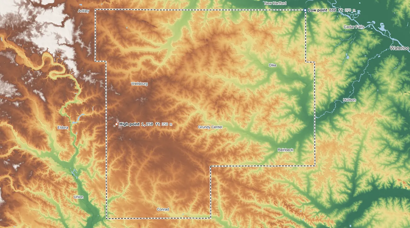 Topographic elevation map of Grundy County, Iowa, shaded from 880 ft on the northeast side to 1,150 ft on the west side