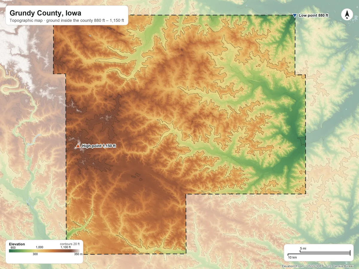 Topographic elevation map of Grundy County, Iowa, shaded from 880 ft on the northeast side to 1,150 ft on the west side