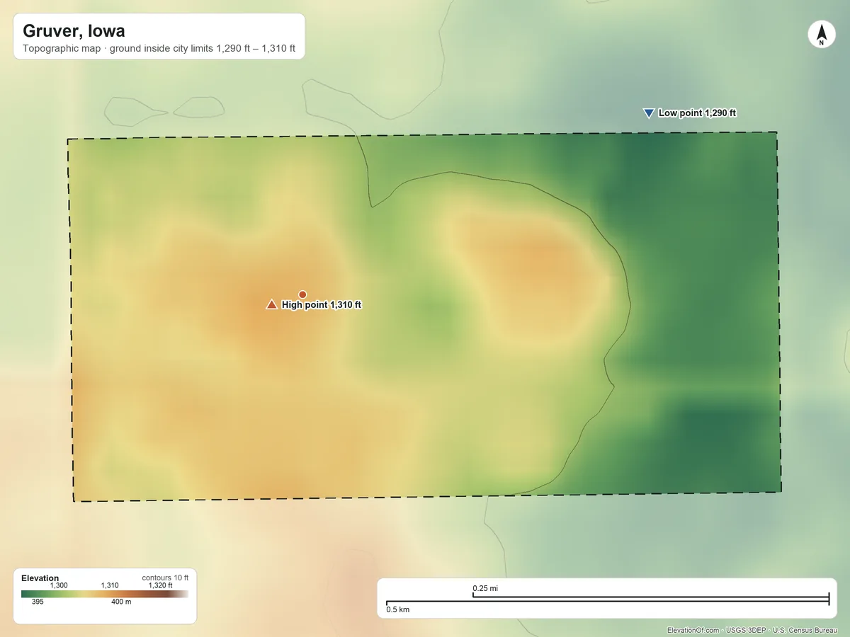 Topographic elevation map of Gruver, Iowa, shaded from 1,290 ft on the northeast side to 1,310 ft near the middle