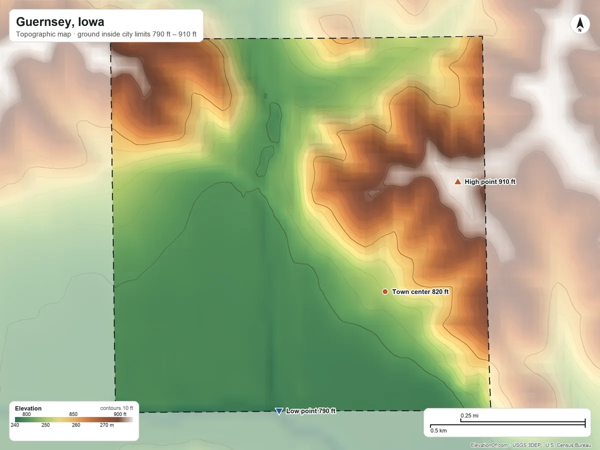 Topographic elevation map of Guernsey, Iowa, shaded from 790 ft on the southwest side to 910 ft on the northeast side