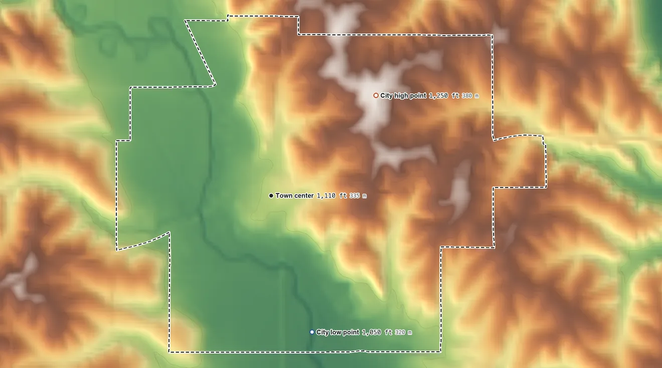 Topographic elevation map of Guthrie Center, Iowa, shaded from 1,050 ft on the south side to 1,250 ft on the northeast side