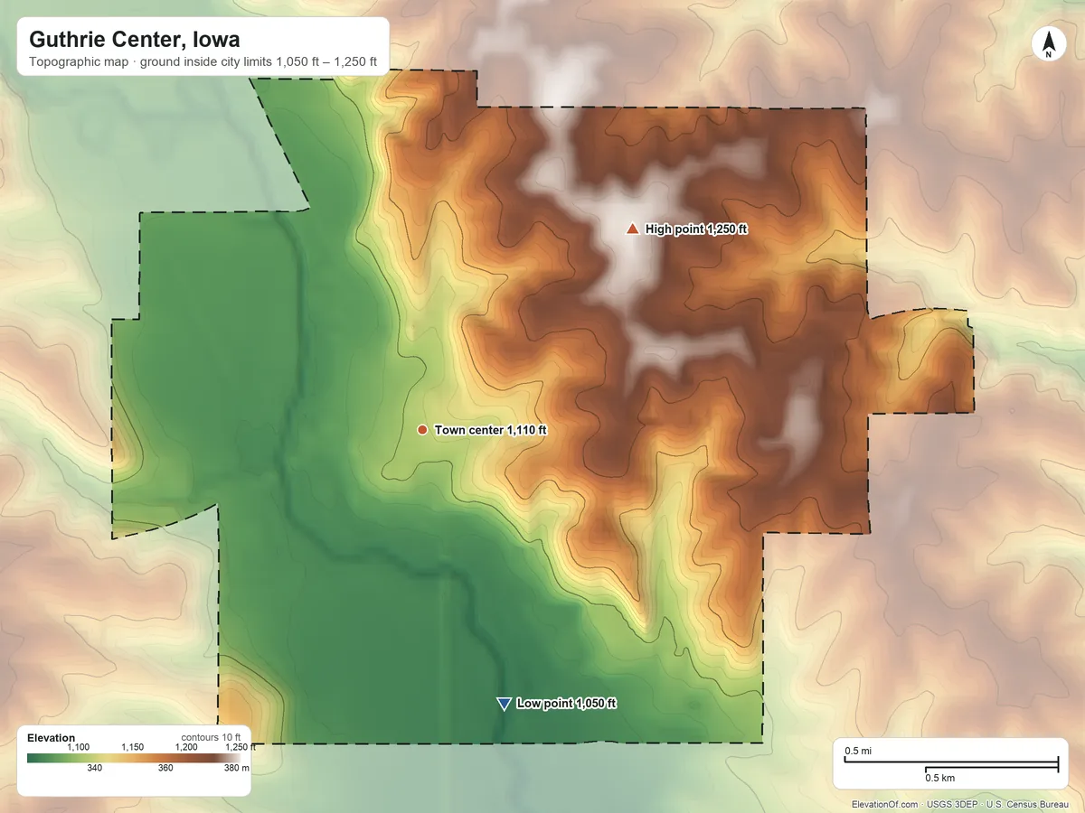 Topographic elevation map of Guthrie Center, Iowa, shaded from 1,050 ft on the south side to 1,250 ft on the northeast side