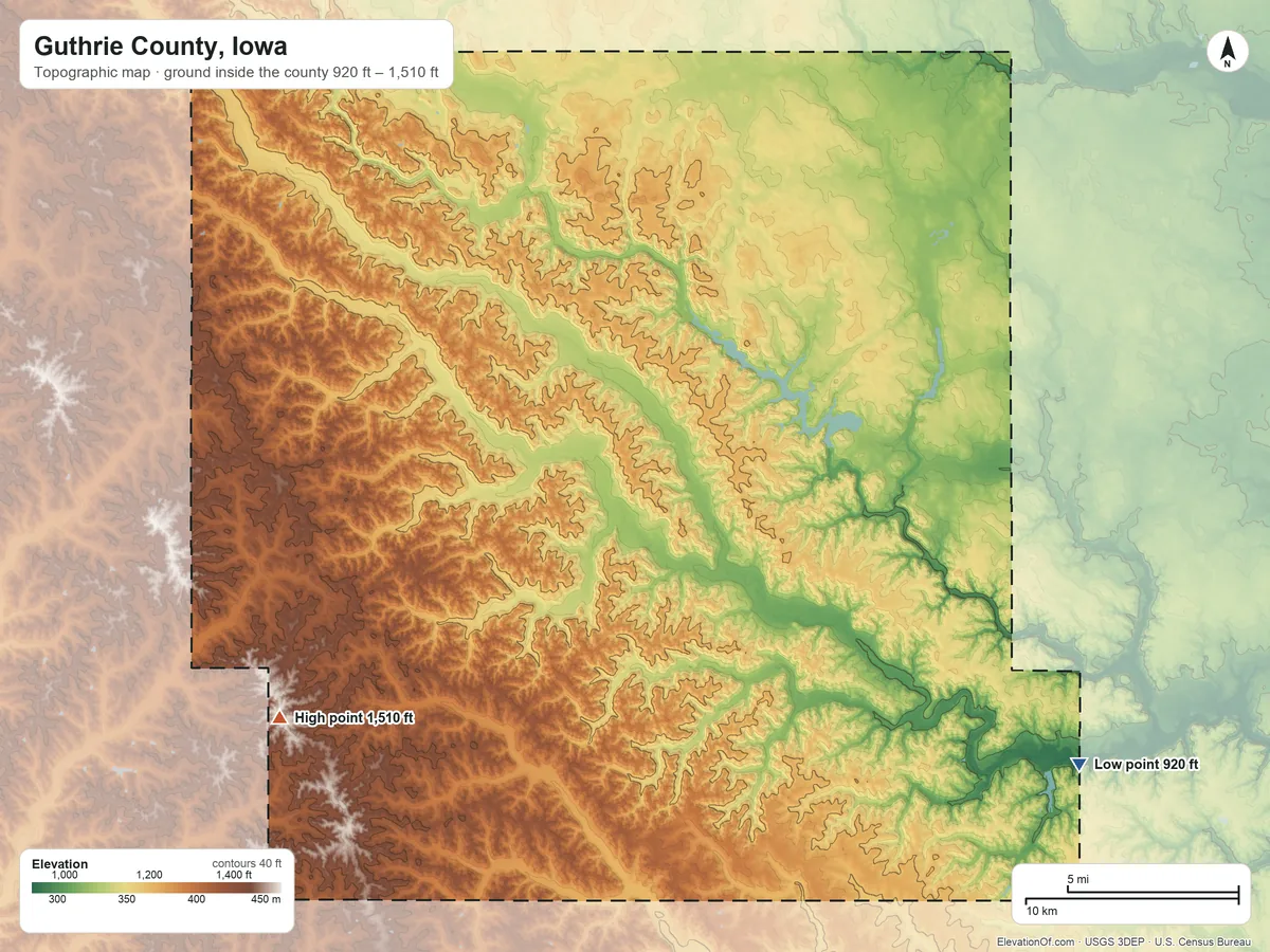 Topographic elevation map of Guthrie County, Iowa, shaded from 920 ft on the southeast side to 1,510 ft on the southwest side