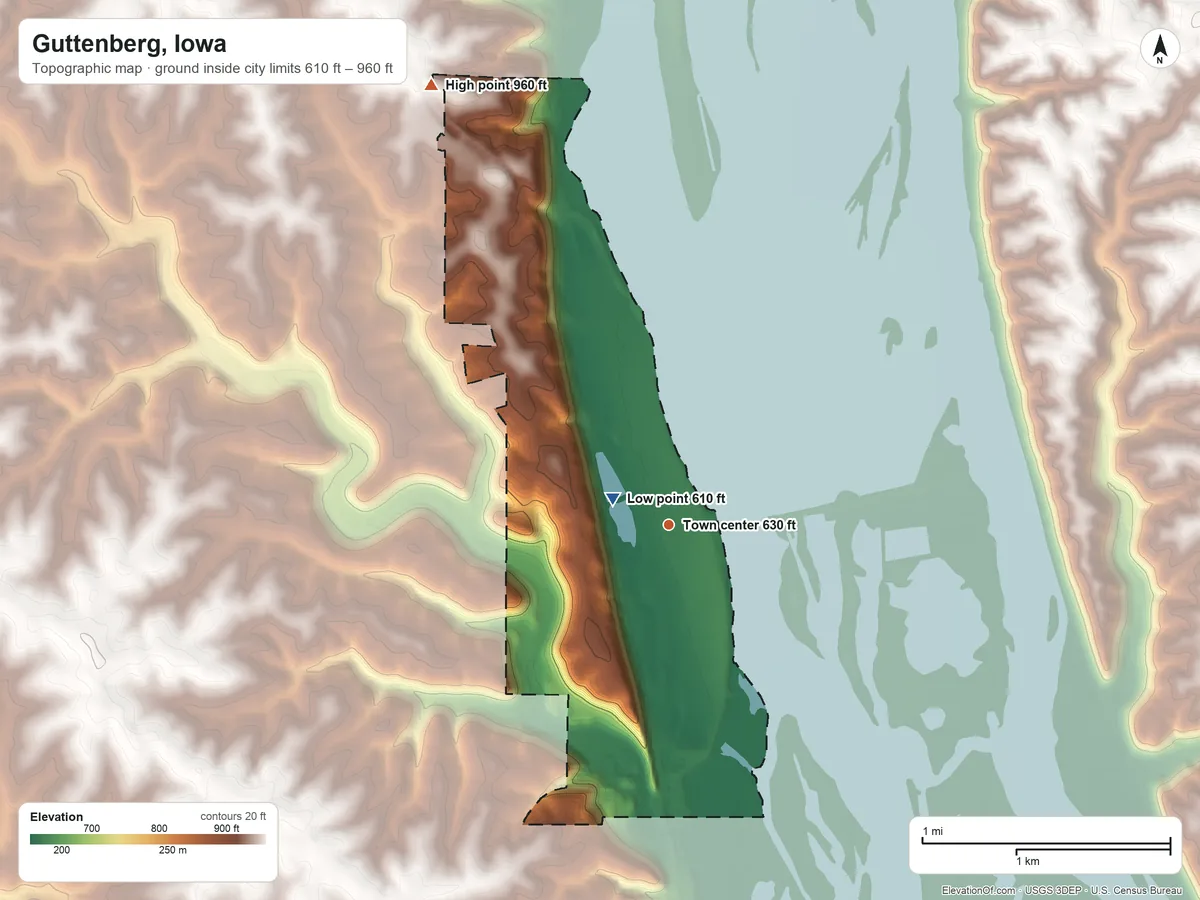 Topographic elevation map of Guttenberg, Iowa, shaded from 610 ft near the middle to 960 ft on the northwest side