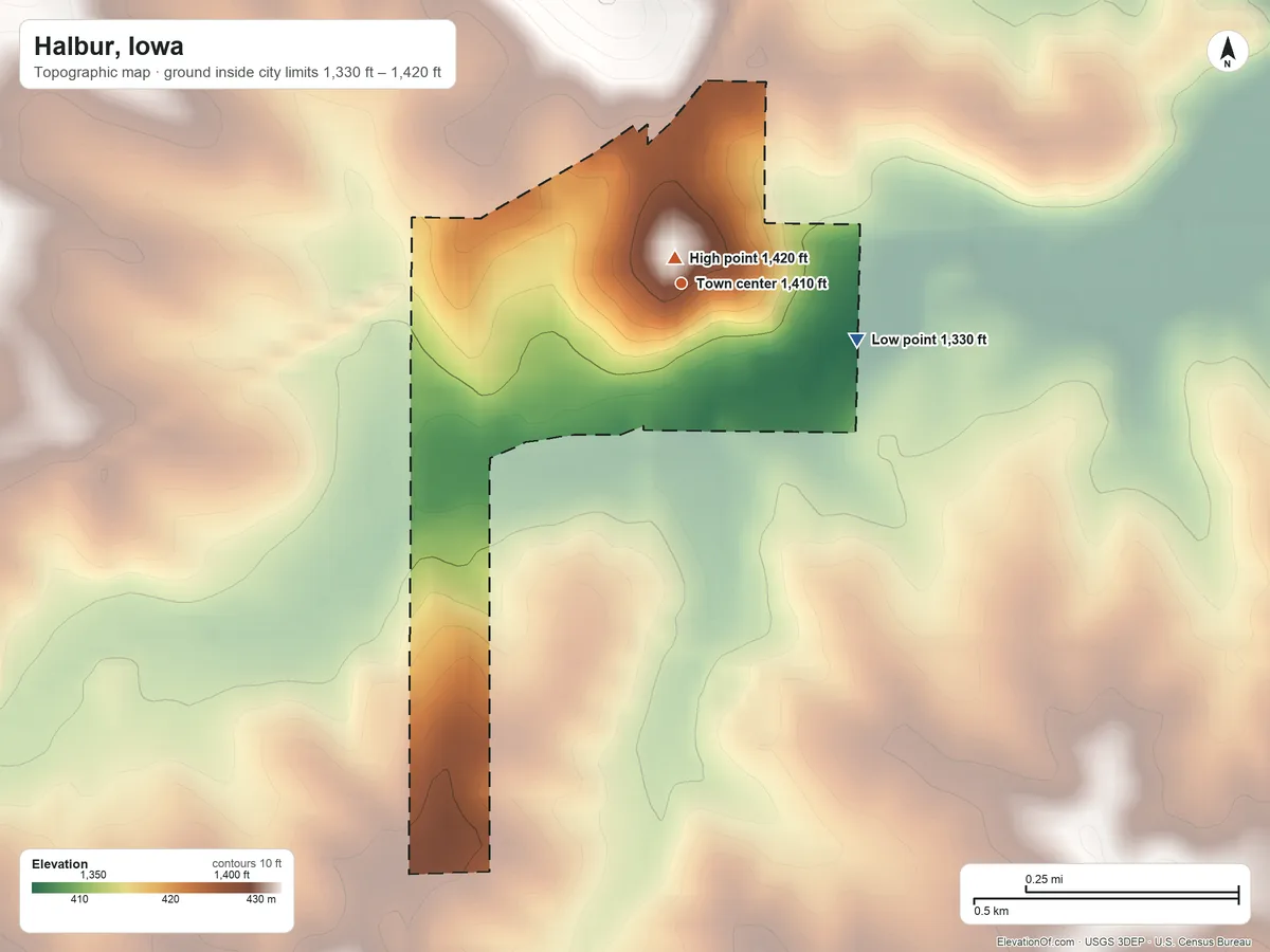 Topographic elevation map of Halbur, Iowa, shaded from 1,330 ft on the east side to 1,420 ft near the middle