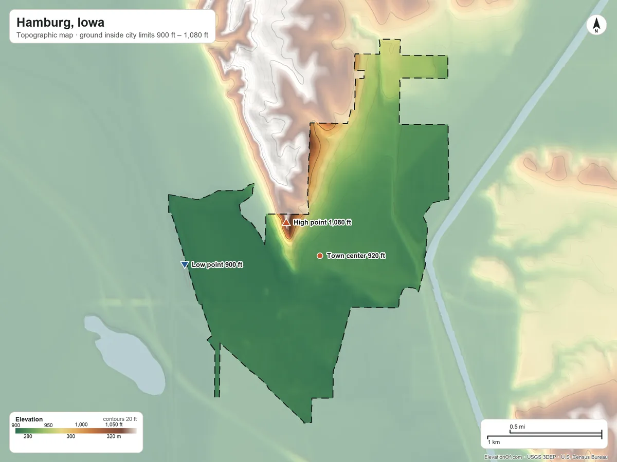 Topographic elevation map of Hamburg, Iowa, shaded from 900 ft on the west side to 1,080 ft near the middle