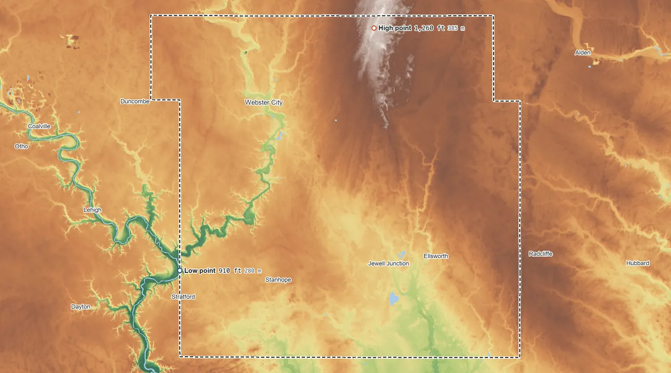 Topographic elevation map of Hamilton County, Iowa, shaded from 910 ft on the southwest side to 1,260 ft on the north side
