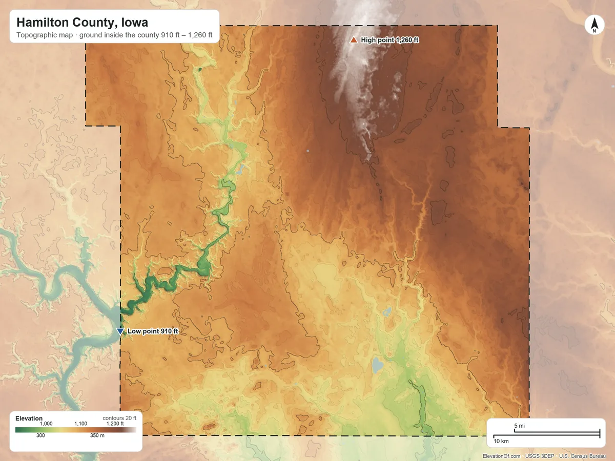 Topographic elevation map of Hamilton County, Iowa, shaded from 910 ft on the southwest side to 1,260 ft on the north side