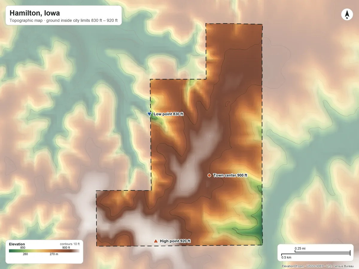 Topographic elevation map of Hamilton, Iowa, shaded from 830 ft on the northwest side to 920 ft on the southwest side