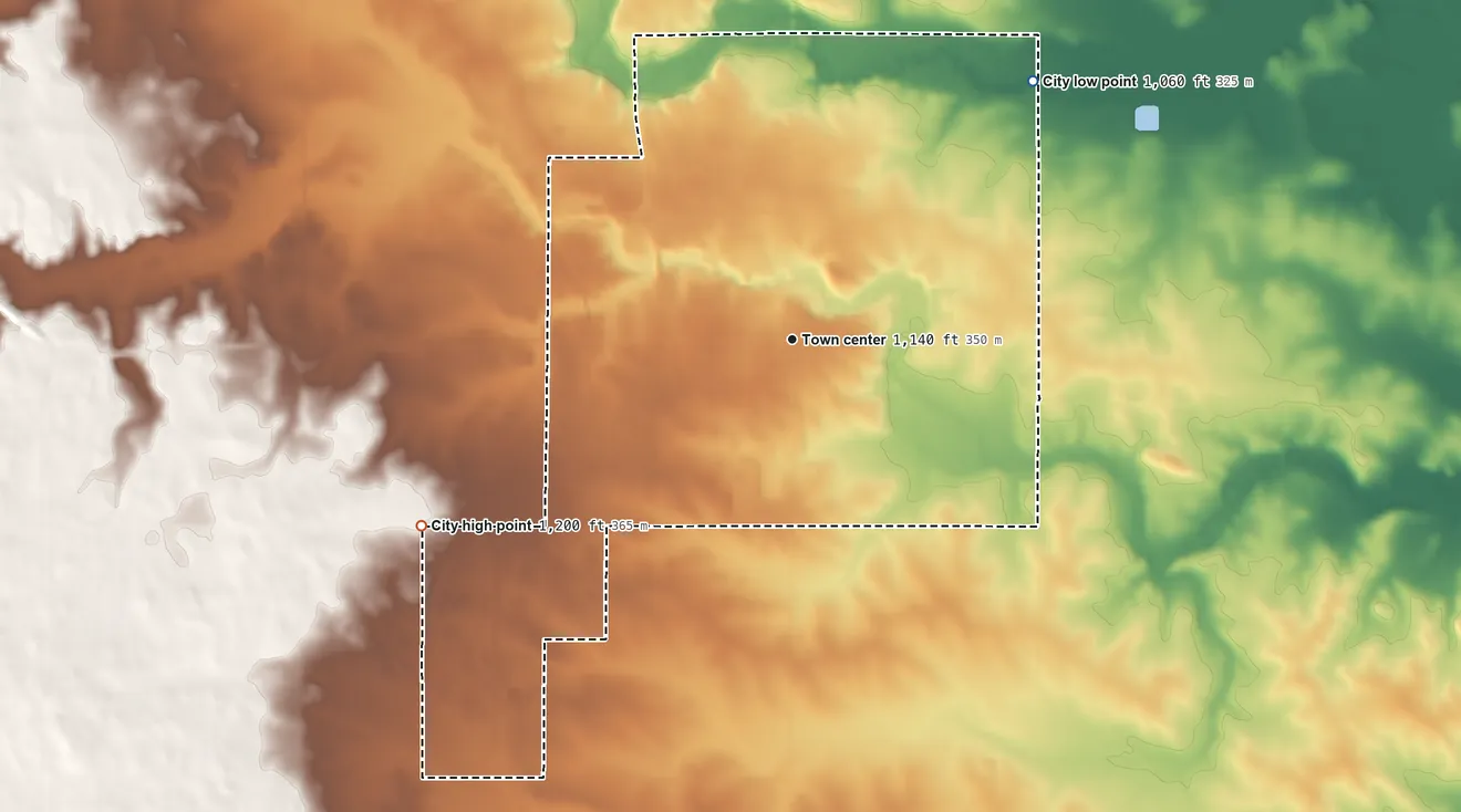 Topographic elevation map of Hampton, Iowa, shaded from 1,060 ft on the northeast side to 1,200 ft on the southwest side