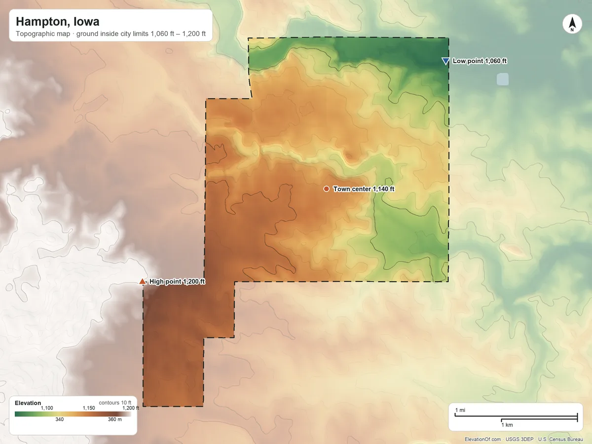 Topographic elevation map of Hampton, Iowa, shaded from 1,060 ft on the northeast side to 1,200 ft on the southwest side