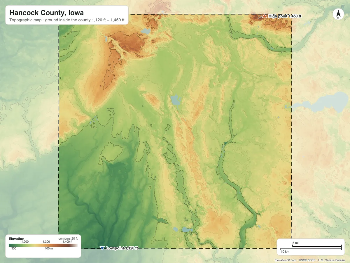 Topographic elevation map of Hancock County, Iowa, shaded from 1,120 ft on the southwest side to 1,450 ft on Pilot Knob