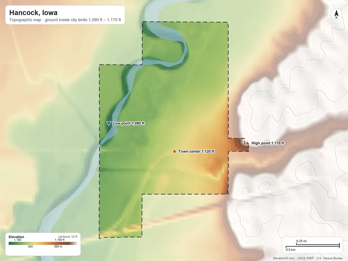 Topographic elevation map of Hancock, Iowa, shaded from 1,090 ft on the northwest side to 1,170 ft on the east side
