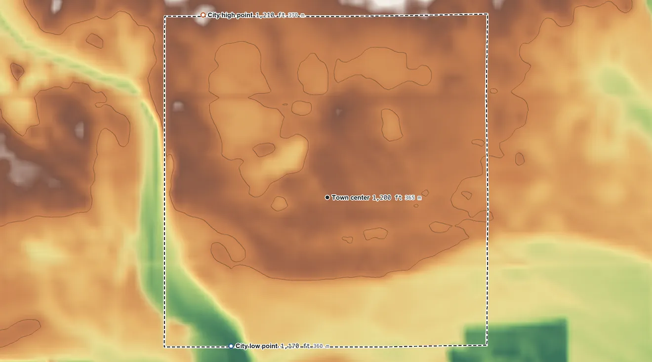 Topographic elevation map of Hanlontown, Iowa, shaded from 1,170 ft on the southwest side to 1,210 ft on the northwest side