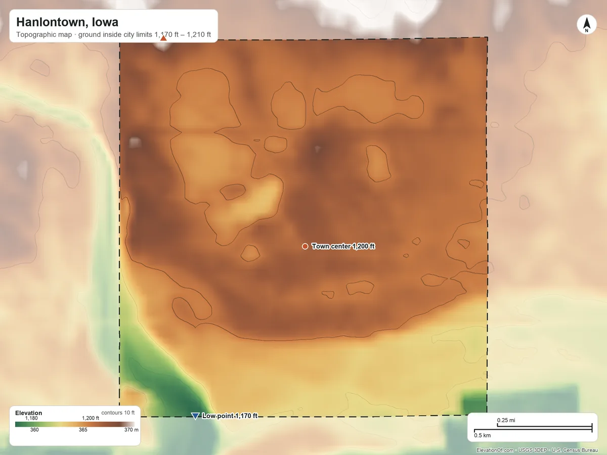 Topographic elevation map of Hanlontown, Iowa, shaded from 1,170 ft on the southwest side to 1,210 ft on the northwest side