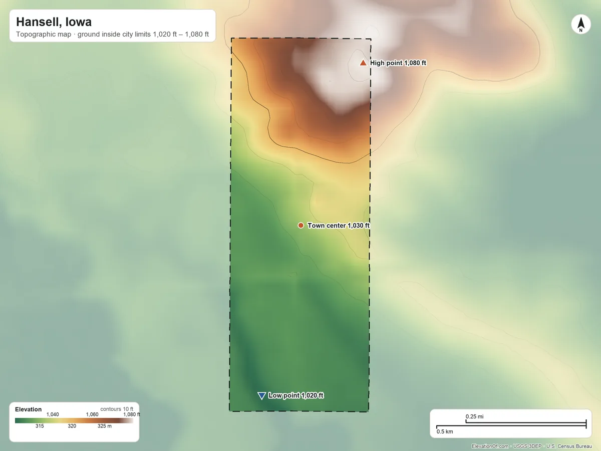 Topographic elevation map of Hansell, Iowa, shaded from 1,020 ft on the south side to 1,080 ft on the north side