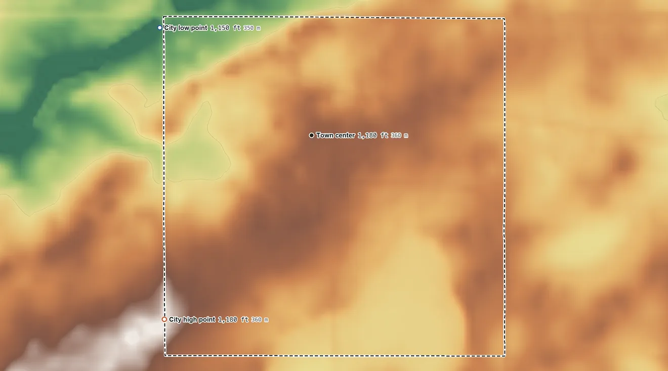 Topographic elevation map of Harcourt, Iowa, shaded from 1,150 ft on the northwest side to 1,180 ft on the southwest side