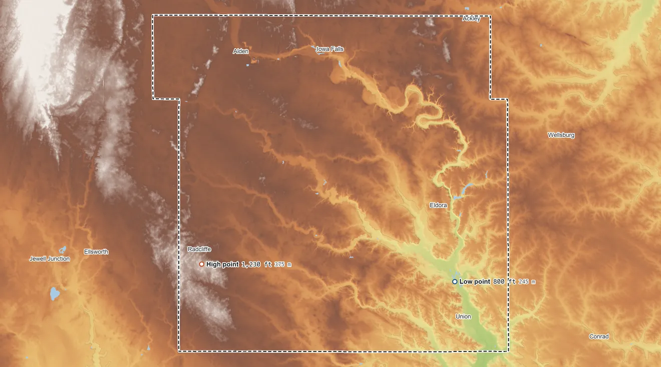 Topographic elevation map of Hardin County, Iowa, shaded from 800 ft on the southeast side to 1,230 ft on the southwest side