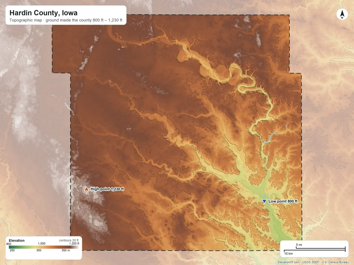 Topographic elevation map of Hardin County, Iowa, shaded from 800 ft on the southeast side to 1,230 ft on the southwest side