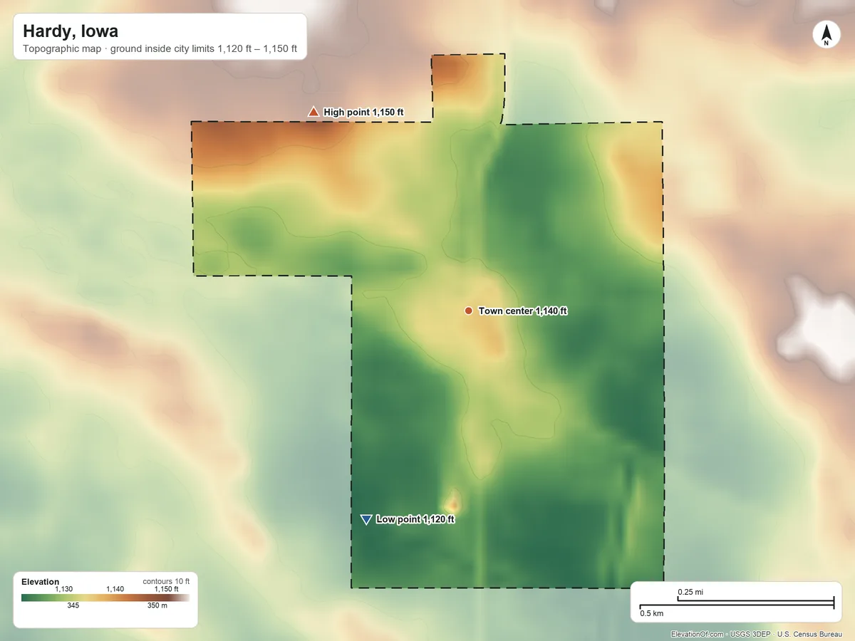 Topographic elevation map of Hardy, Iowa, shaded from 1,120 ft on the southwest side to 1,150 ft on the northwest side