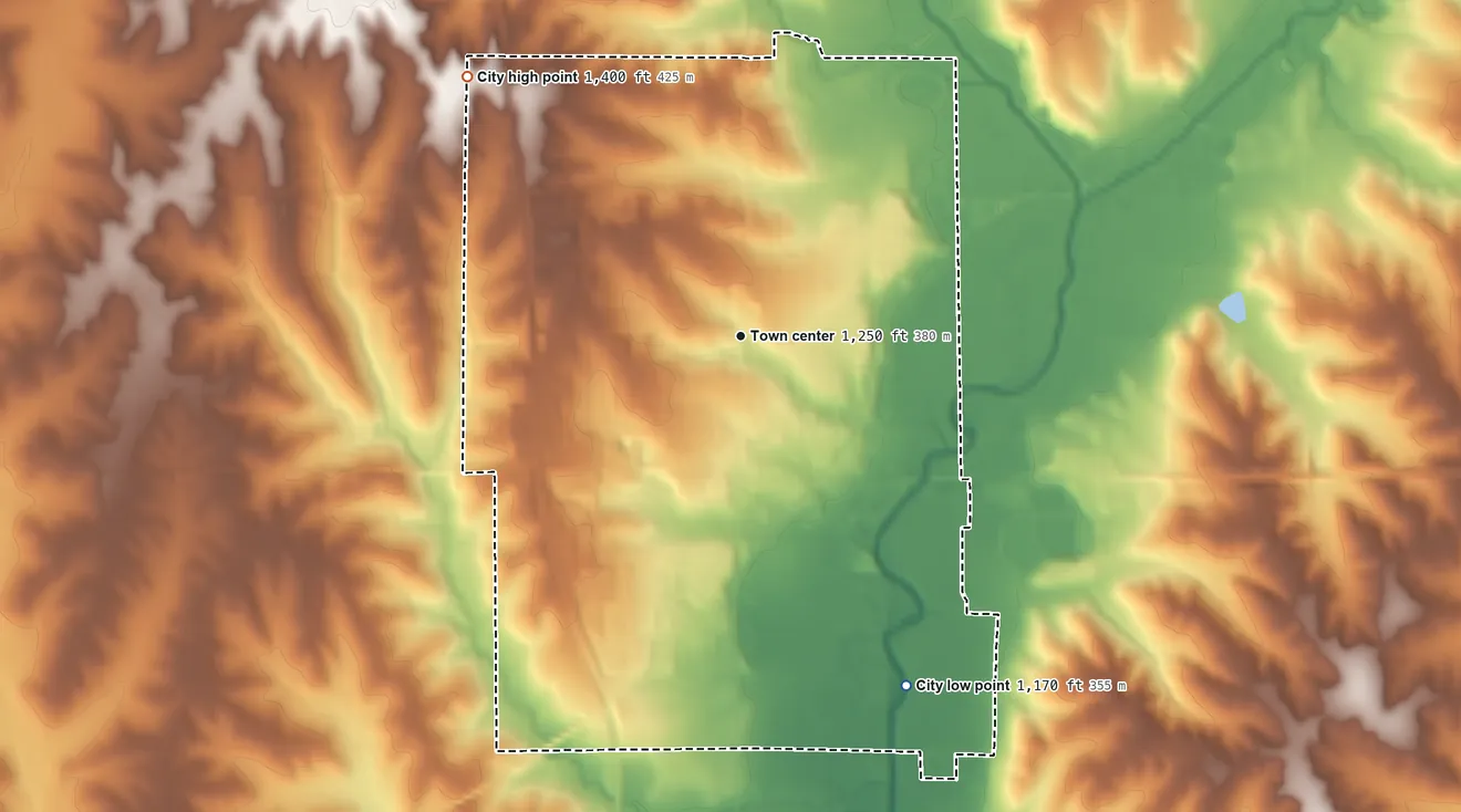 Topographic elevation map of Harlan, Iowa, shaded from 1,170 ft on the southeast side to 1,400 ft on the northwest side