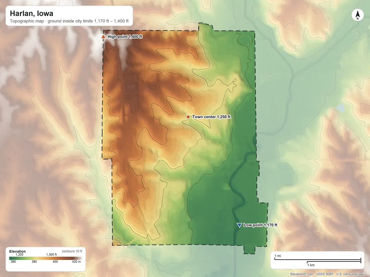 Topographic elevation map of Harlan, Iowa, shaded from 1,170 ft on the southeast side to 1,400 ft on the northwest side