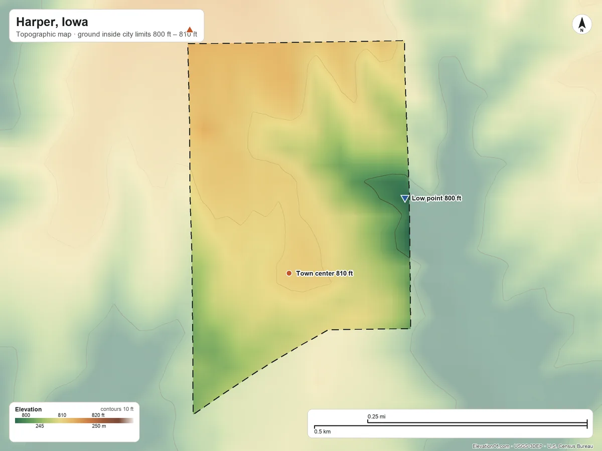 Topographic elevation map of Harper, Iowa, shaded from 800 ft on the northeast side to 810 ft on the north side
