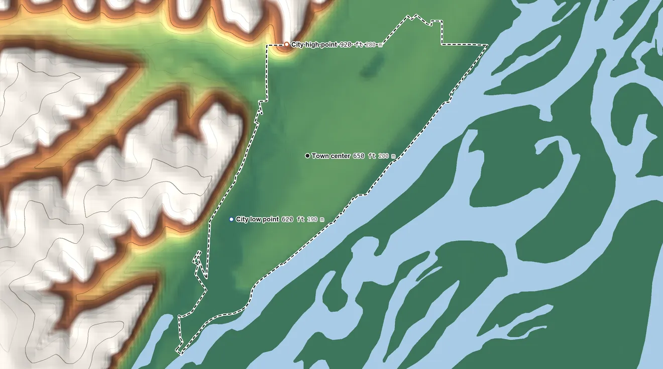 Topographic elevation map of Harpers Ferry, Iowa, shaded from 620 ft on the southwest side to 920 ft on the north side