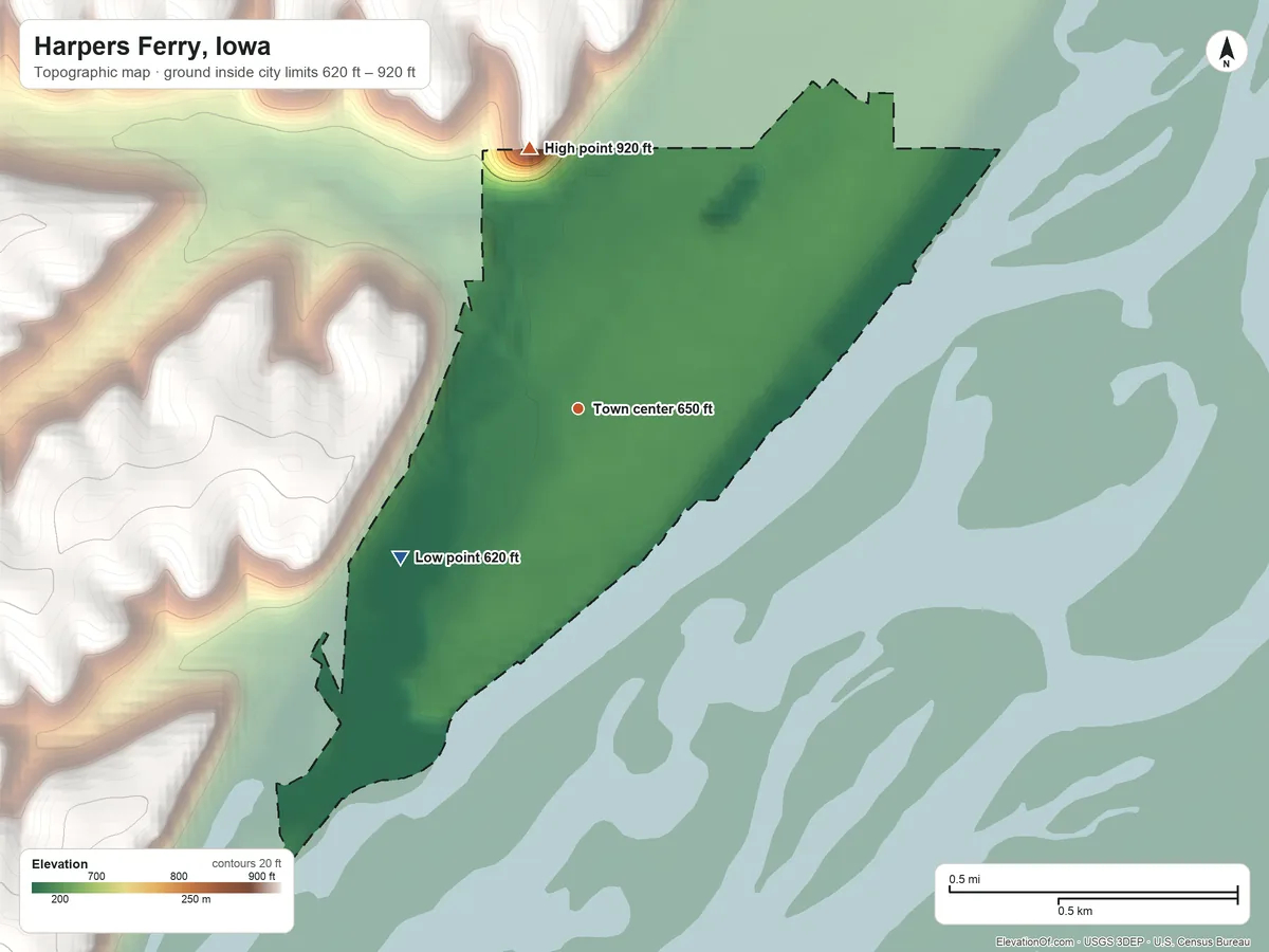 Topographic elevation map of Harpers Ferry, Iowa, shaded from 620 ft on the southwest side to 920 ft on the north side