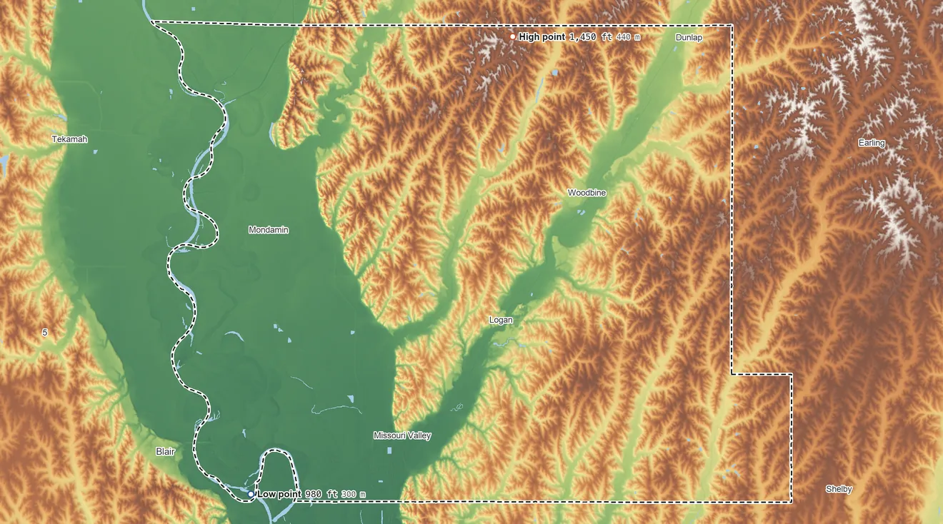 Topographic elevation map of Harrison County, Iowa, shaded from 980 ft on the southwest side to 1,450 ft on the north side