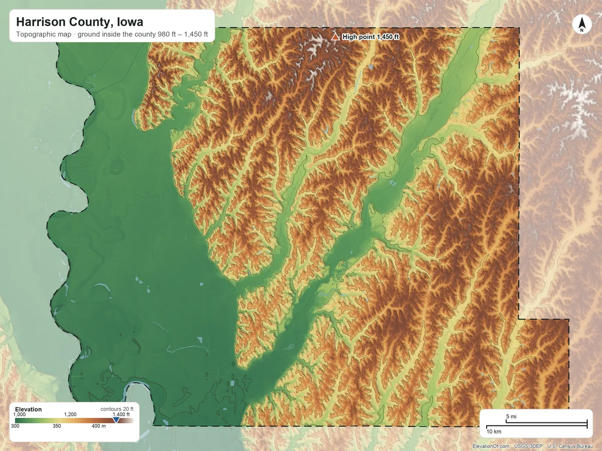 Topographic elevation map of Harrison County, Iowa, shaded from 980 ft on the southwest side to 1,450 ft on the north side