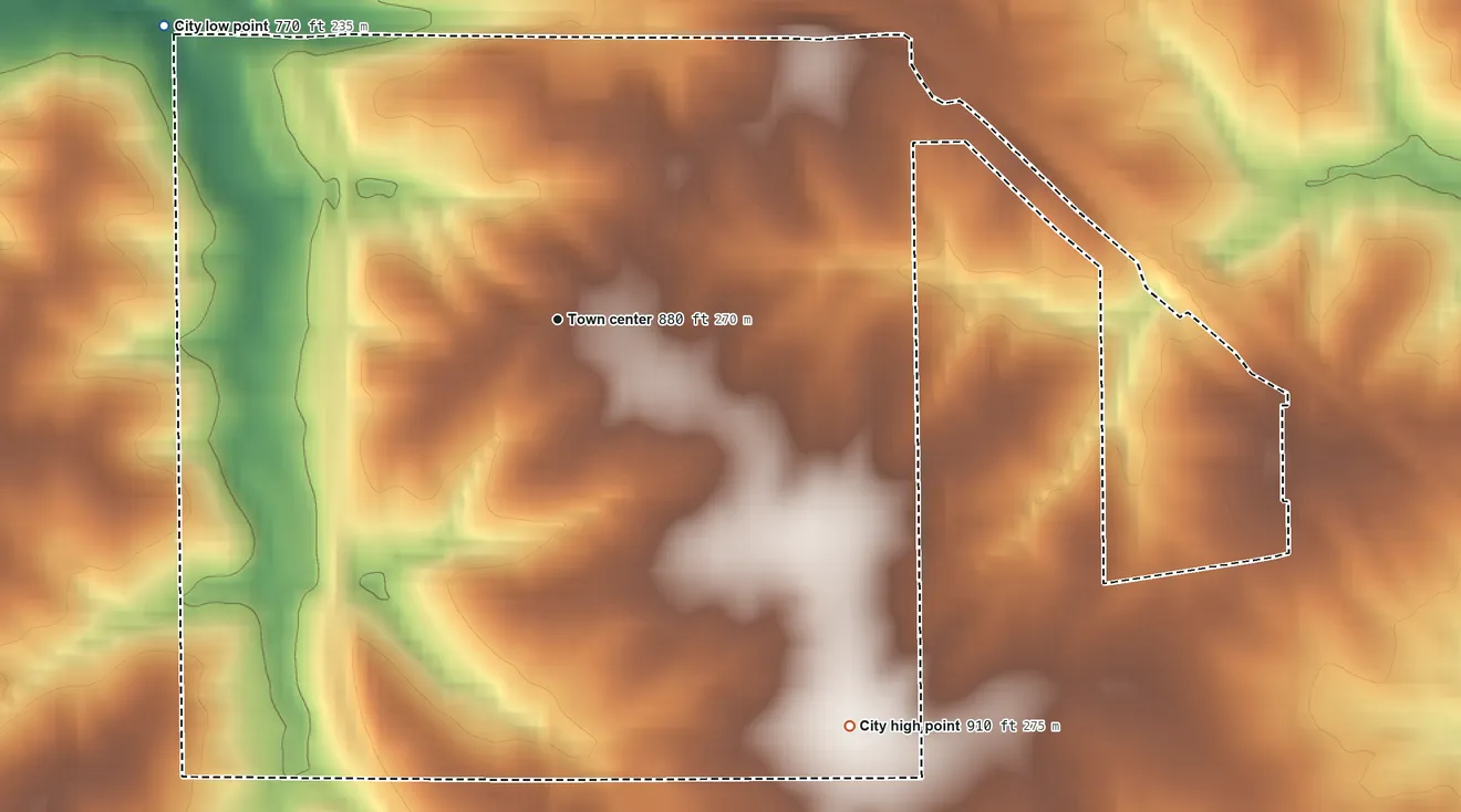 Topographic elevation map of Hartford, Iowa, shaded from 770 ft on the northwest side to 910 ft on the southeast side