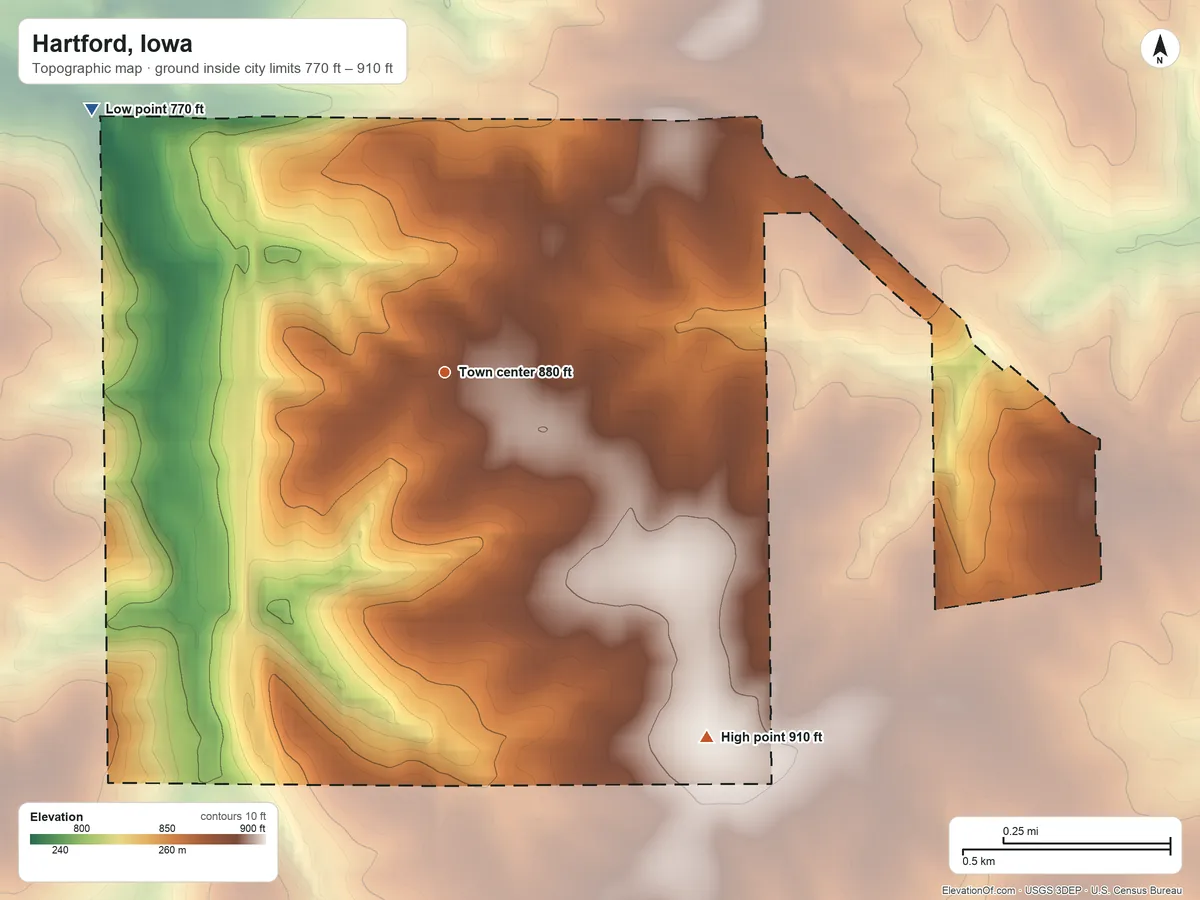 Topographic elevation map of Hartford, Iowa, shaded from 770 ft on the northwest side to 910 ft on the southeast side