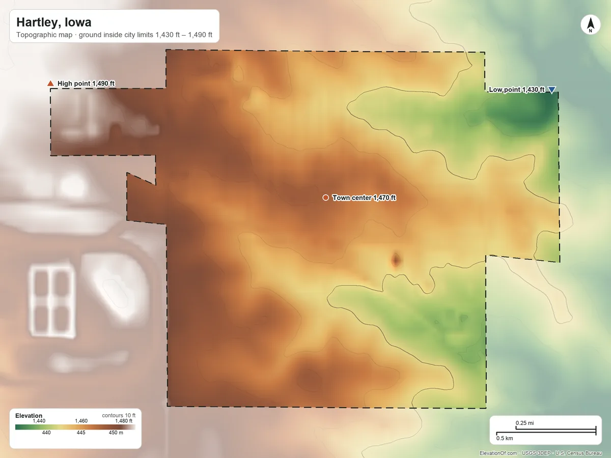 Topographic elevation map of Hartley, Iowa, shaded from 1,430 ft on the northeast side to 1,490 ft on the northwest side