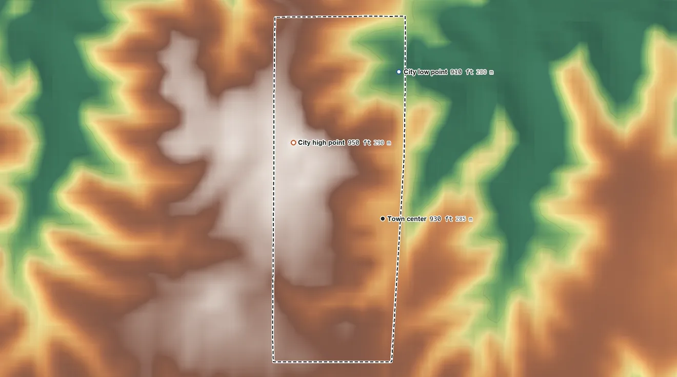 Topographic elevation map of Hartwick, Iowa, shaded from 910 ft on the north side to 950 ft on the northwest side