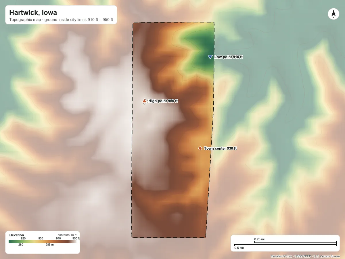 Topographic elevation map of Hartwick, Iowa, shaded from 910 ft on the north side to 950 ft on the northwest side