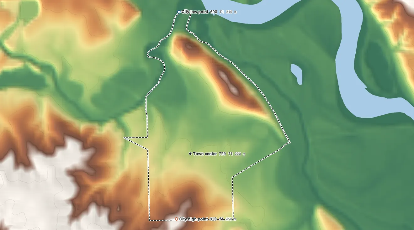 Topographic elevation map of Harvey, Iowa, shaded from 690 ft on the north side to 820 ft on the south side